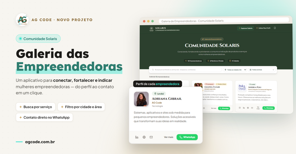 Galeria das Empreendedoras da Comunidade Solaris: busca por serviço, filtro por cidade e área e contato pelo WhatsApp